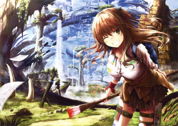 Anime picture 3300x2338 with original eshi 100-nin ten suien single long hair looking at viewer blush highres smile brown hair brown eyes absurdres one eye closed wink scan leaning leaning forward open collar clothes around waist girl