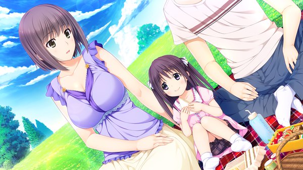 Anime picture 1280x720 with niizuma lovely x cation kurihara aiko iizuki tasuku blush fringe breasts open mouth black hair smile wide image large breasts sitting multiple girls brown eyes game cg sky cloud (clouds) parted lips girl dress
