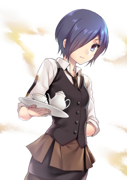 Anime picture 600x848 with tokyo ghoul studio pierrot kirishima touka fuya (tempupupu) single long hair tall image looking at viewer fringe short hair breasts simple background white background holding blue hair hair over one eye dutch angle hand on hip open collar hand in pocket