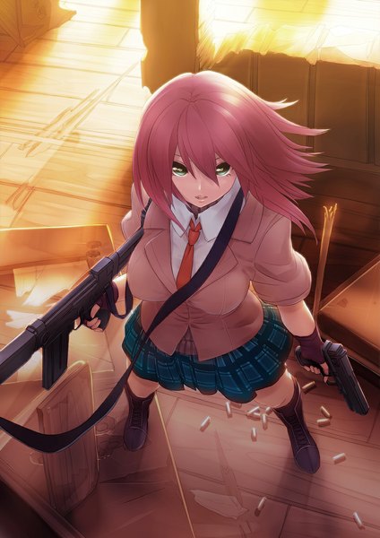 Anime picture 820x1160 with original garuku single long hair tall image looking at viewer green eyes pink hair girl skirt uniform weapon school uniform boots gun