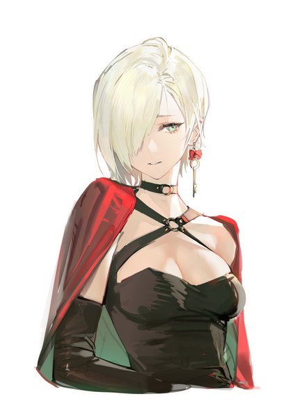 Anime picture 4134x5846 with seijo senki quuni single tall image looking at viewer fringe highres short hair breasts simple background blonde hair white background green eyes absurdres cleavage upper body parted lips hair over one eye girl gloves