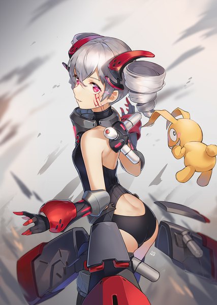 Anime picture 1138x1600 with honkai impact 3rd honkai (series) bronya zaychik homu (honkai impact) bronya zaychik (black nucleus) aliceblue single tall image looking at viewer blush fringe short hair light erotic simple background hair between eyes red eyes standing twintails signed silver hair