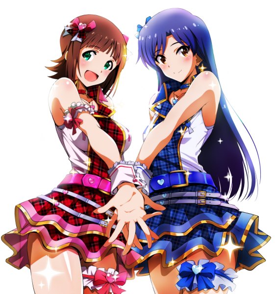 Anime picture 1123x1200 with idolmaster idolmaster (classic) kisaragi chihaya amami haruka airando long hair tall image looking at viewer blush fringe short hair breasts open mouth simple background smile brown hair white background bare shoulders multiple girls brown eyes