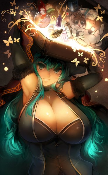 Anime picture 867x1407 with original luco-san single long hair tall image looking at viewer breasts light erotic large breasts holding green eyes cleavage green hair grin magic fantasy girl gloves animal choker