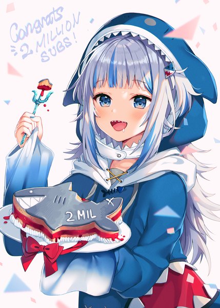 Anime-Bild 1200x1678 mit virtual youtuber hololive hololive english gawr gura gawr gura (1st costume) satchely single long hair tall image open mouth blue eyes looking away silver hair upper body :d multicolored hair streaked hair text saliva milestone celebration