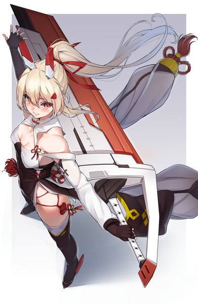 Anime picture 2724x4178 with azur lane ayanami (azur lane) ayanami (lunar demon god) (azur lane) yamanokami eaka single long hair tall image looking at viewer blush fringe highres breasts light erotic blonde hair smile hair between eyes red eyes standing bare shoulders holding