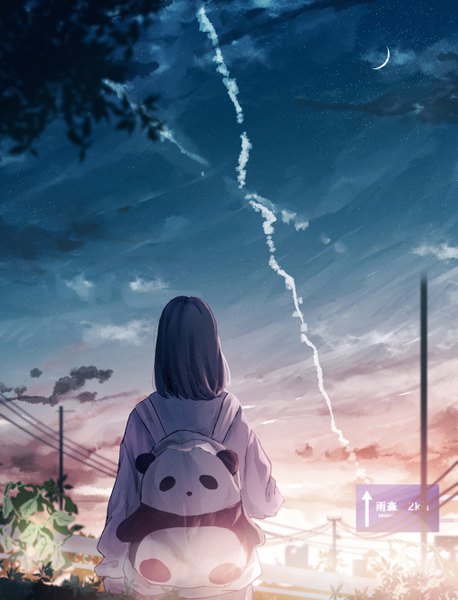 Anime picture 2012x2638 with original amenomori howa single long hair tall image highres black hair standing sky cloud (clouds) upper body outdoors from behind sunlight evening sunset crescent girl plant (plants) tree (trees)