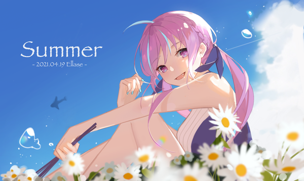 Anime picture 1799x1074 with virtual youtuber hololive minato aqua ellase single long hair looking at viewer highres open mouth wide image purple eyes twintails holding sky purple hair cloud (clouds) ahoge nail polish :d sleeveless