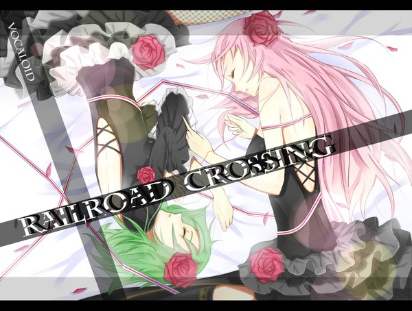 Anime picture 2000x1515 with vocaloid megurine luka gumi yuna (rutera) long hair highres short hair bare shoulders multiple girls pink hair lying eyes closed green hair girl dress ribbon (ribbons) 2 girls petals rose (roses)