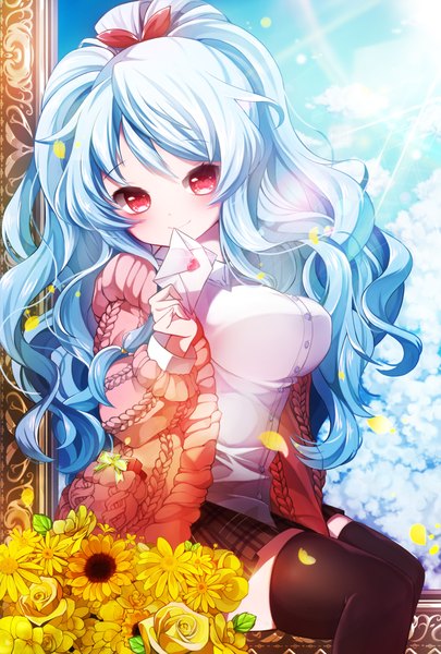 Anime picture 1500x2220 with sword girls linus falco kanola u single long hair tall image blush fringe breasts red eyes large breasts sitting blue hair sky cloud (clouds) bent knee (knees) ponytail pleated skirt sunlight plaid skirt
