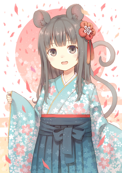 Anime picture 1400x1980 with original 104 single long hair tall image looking at viewer open mouth animal ears tail traditional clothes :d japanese clothes animal tail grey hair grey eyes floral print new year mouse ears mouse tail mouse girl