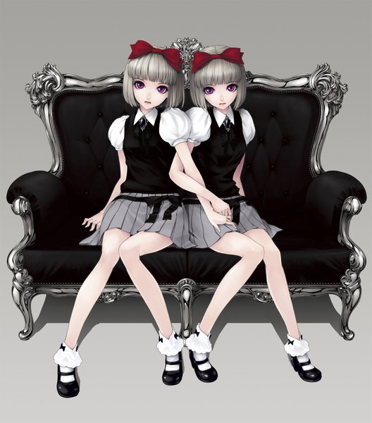 Anime picture 1585x1800 with kunishige keiichi tall image short hair purple eyes multiple girls silver hair grey background lolita fashion twins knees together feet apart girl skirt bow 2 girls hair bow miniskirt couch