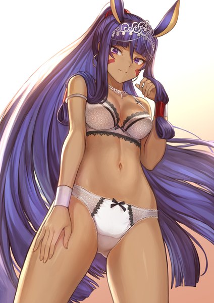 Anime picture 1302x1842 with fate (series) fate/grand order nitocris (fate) mashuu (neko no oyashiro) single tall image looking at viewer fringe breasts light erotic simple background hair between eyes standing purple eyes bare shoulders animal ears payot cleavage purple hair ponytail