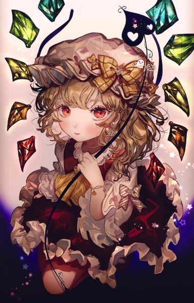 Anime picture 800x1244 with touhou flandre scarlet majamari single tall image looking at viewer blush fringe short hair blonde hair hair between eyes red eyes halloween girl bow weapon hat earrings wings frills