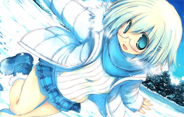 Anime picture 1407x900 with original sakaki (noi-gren) single looking at viewer blush short hair open mouth blue eyes white hair from above open clothes open jacket dutch angle snowing winter snow exhalation girl skirt miniskirt