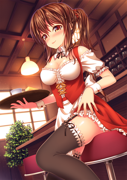 Anime picture 909x1286 with original moe2016 nazu-na single long hair tall image looking at viewer blush light erotic brown hair sitting brown eyes ponytail waitress girl thighhighs dress black thighhighs frills