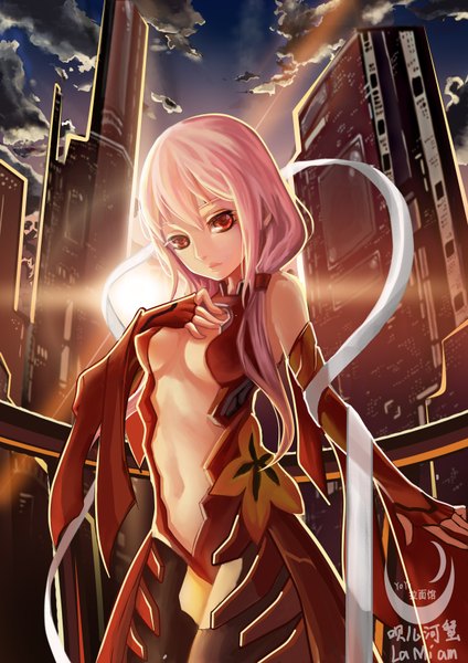 Anime picture 2480x3508 with guilty crown production i.g yuzuriha inori klamp (artist) single tall image fringe highres breasts light erotic red eyes twintails bare shoulders pink hair lips sunlight covered nipples cityscape center opening girl