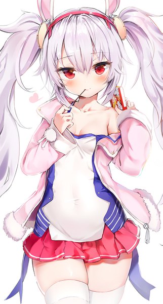 Anime picture 699x1300 with azur lane laffey (azur lane) tou tou single long hair tall image looking at viewer blush fringe breasts light erotic smile hair between eyes red eyes standing white background twintails holding animal ears cleavage