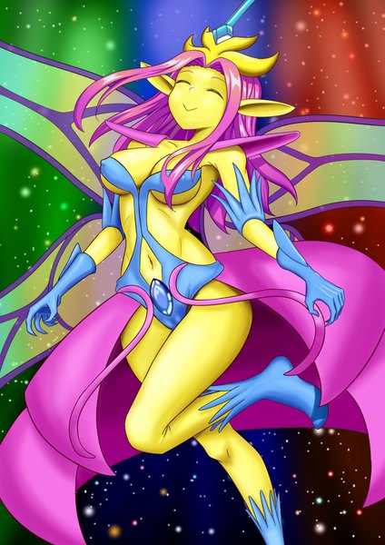 Anime picture 2893x4092 with terraria empress of light miyami kyoko single long hair tall image highres breasts light erotic smile large breasts standing purple hair bent knee (knees) eyes closed pointy ears gradient background sideboob covered nipples standing on one leg