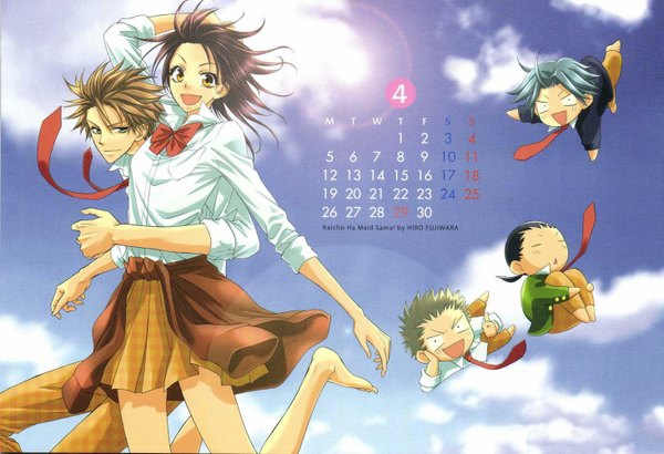 Anime picture 1463x1000 with kaichou wa maid-sama! ayuzawa misaki takumi usui shirakawa naoya sarashina ikuto blush black hair blonde hair brown eyes cloud (clouds) barefoot couple chibi . . girl boy necktie calendar