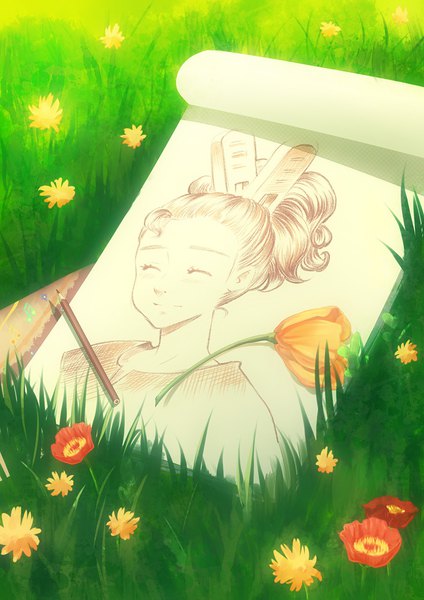 Anime picture 707x1000 with the borrower arrietty studio ghibli arrietty kaminary tall image short hair smile upper body ponytail eyes closed portrait ^ ^ drawing girl flower (flowers) plant (plants) grass pencil sketchbook