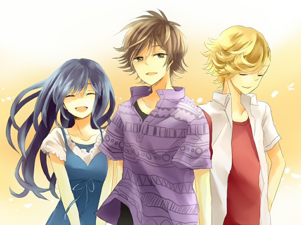 Anime picture 1023x764 with kamen rider ankh eiji hino izumi hina satone (artist) long hair short hair open mouth black hair blonde hair smile brown hair brown eyes blue hair eyes closed wind multiple boys group girl dress