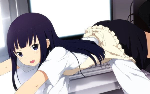 Anime picture 1280x800 with working!! a-1 pictures yamada aoi cait single long hair looking at viewer blush open mouth blue eyes smile wide image purple hair girl skirt miniskirt shirt apron monitor computer keyboard