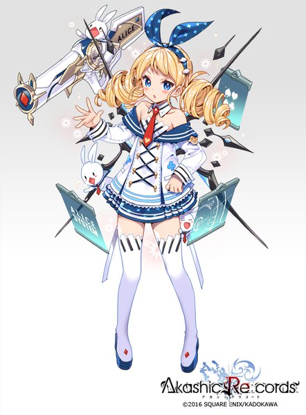 Anime picture 600x813 with akashic re:cords alice (akashic re:cords) empew single long hair tall image looking at viewer fringe open mouth blue eyes blonde hair standing twintails bare shoulders long sleeves :o copyright name character names gradient background low twintails