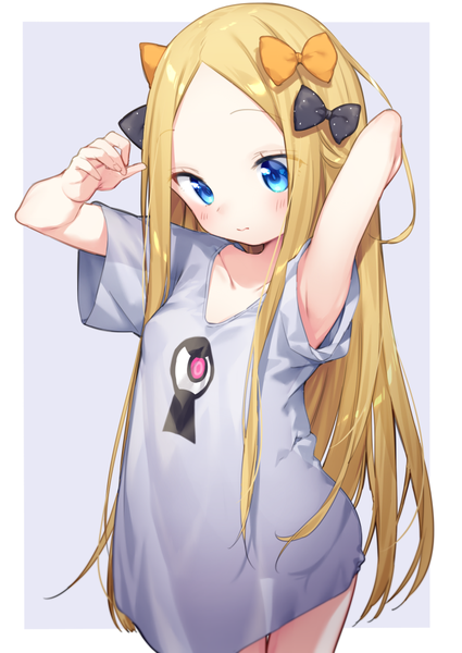 Anime picture 717x1012 with fate (series) fate/grand order abigail williams (fate) tousaki shiina single long hair tall image looking at viewer blush fringe breasts blue eyes light erotic simple background blonde hair standing payot armpit (armpits) thigh gap arm behind head