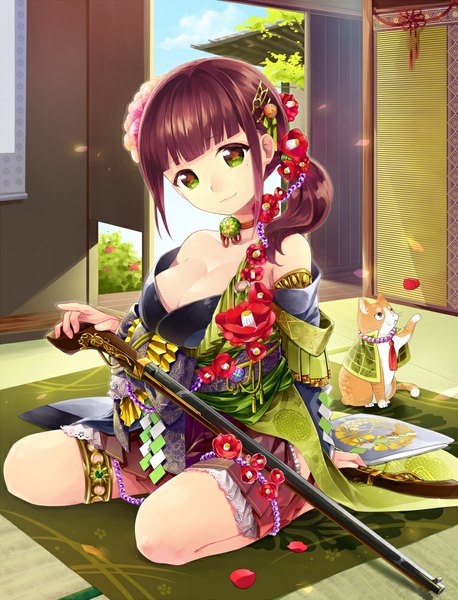 Anime picture 764x1000 with original renyuu-in mutsugoro long hair tall image looking at viewer fringe breasts light erotic brown hair large breasts sitting bare shoulders green eyes bent knee (knees) indoors traditional clothes hair flower sunlight symbol-shaped pupils