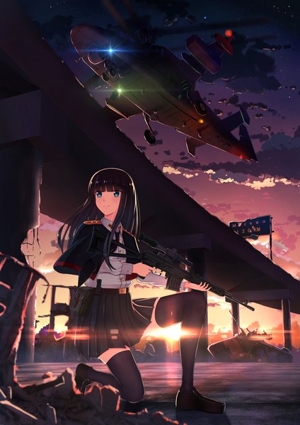 Anime picture 1488x2105 with original sion005 single long hair tall image fringe blue eyes black hair smile looking away sky cloud (clouds) full body bent knee (knees) outdoors blunt bangs pleated skirt sunlight zettai ryouiki kneeling