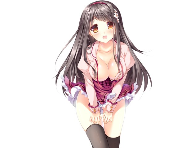 Anime picture 2119x1695 with original cocoa (cafe-hotcocoa) single long hair blush highres breasts open mouth light erotic black hair white background yellow eyes cleavage hair flower girl thighhighs skirt hair ornament black thighhighs serafuku