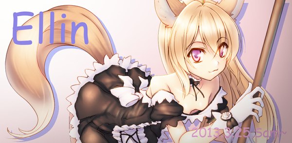 Anime picture 1085x535 with tera online ecell (artist) single long hair looking at viewer light erotic blonde hair wide image animal ears pink hair animal tail maid flat chest girl dress gloves
