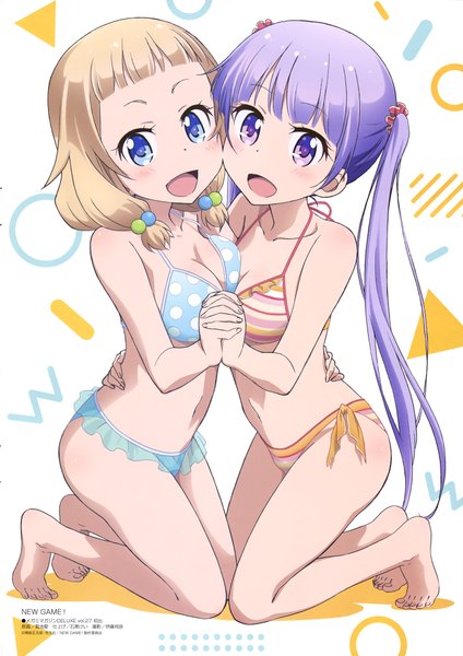 Anime picture 2884x4079 with new game! megami magazine doga kobo suzukaze aoba sakura nene kikuchi ai tall image looking at viewer blush highres short hair open mouth blue eyes light erotic blonde hair purple eyes twintails multiple girls official art hug