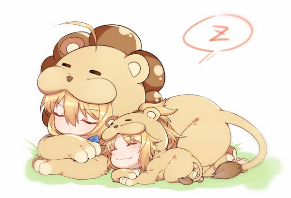 Anime picture 1481x1011 with fate (series) fate/grand order fate/stay night fate/apocrypha fate/tiger colosseum artoria pendragon (all) saber mordred (fate) saber lion yorukun blush fringe short hair simple background blonde hair smile hair between eyes white background multiple girls full body