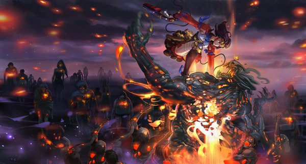 Anime picture 1920x1033 with koutetsujou no kabaneri wit studio mumei (kabaneri) grayfair (artist) single long hair highres open mouth light erotic smile red eyes brown hair wide image holding cloud (clouds) full body bent knee (knees) outdoors long sleeves pleated skirt
