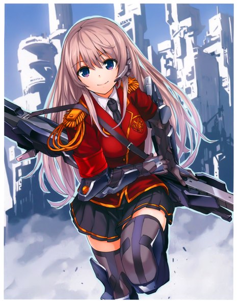 Anime picture 4192x5380 with million arthur (series) kaku-san-sei million arthur square enix tagme (character) saitom single long hair tall image looking at viewer highres blue eyes smile pink hair absurdres sky pleated skirt scan border architecture military