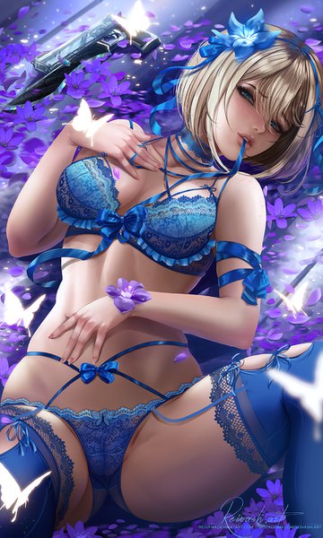 Anime picture 800x1333 with original javier estrada single tall image looking at viewer blush fringe short hair breasts blue eyes light erotic blonde hair hair between eyes holding cleavage lying parted lips hair flower fingernails lips