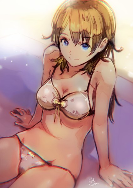 Anime picture 2480x3508 with original okuto single long hair tall image looking at viewer fringe highres breasts blue eyes light erotic blonde hair smile hair between eyes sitting bare shoulders signed arm support girl swimsuit