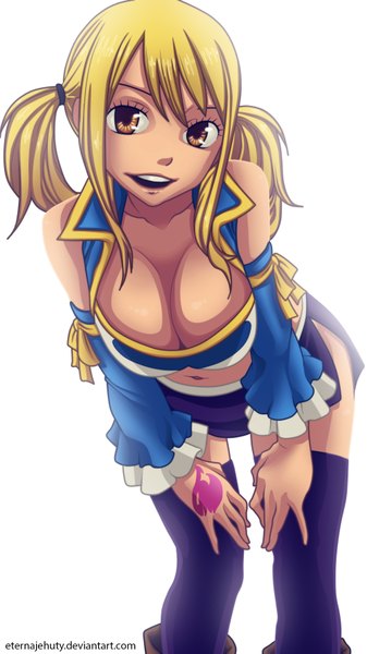 Anime picture 1000x1779 with fairy tail lucy heartfilia eternajehuty (artist) single long hair tall image looking at viewer fringe breasts open mouth light erotic simple background blonde hair large breasts white background twintails brown eyes teeth zettai ryouiki girl