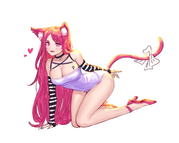 Anime picture 1500x1204 with original siun single long hair looking at viewer blush breasts open mouth light erotic simple background large breasts white background bare shoulders animal ears pink hair cleavage full body bent knee (knees) tail :d