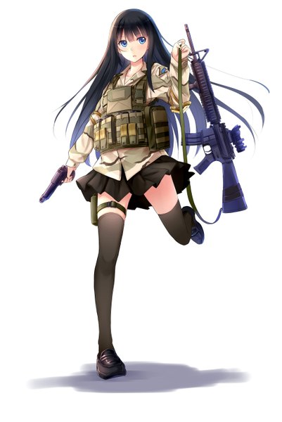 Anime picture 3897x5826 with original allenes single long hair tall image looking at viewer blush highres blue eyes black hair simple background standing white background absurdres pleated skirt shadow girl thighhighs skirt weapon