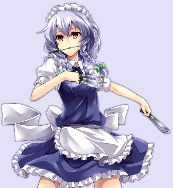 Anime picture 1100x1200 with touhou izayoi sakuya asu hare single tall image fringe short hair breasts simple background red eyes standing holding looking away purple hair braid (braids) maid twin braids mouth hold blue background girl