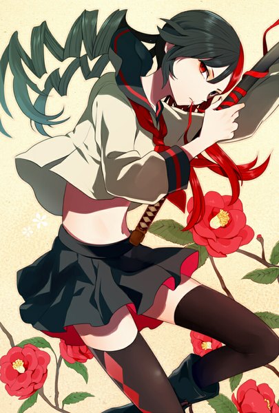 Anime picture 675x1000 with original harano single long hair tall image looking at viewer black hair red eyes multicolored hair two-tone hair streaked hair drill hair girl thighhighs skirt flower (flowers) weapon black thighhighs sword serafuku