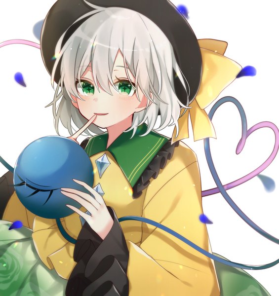 Anime picture 1600x1700 with touhou komeiji koishi yurui tuhu single tall image fringe short hair simple background hair between eyes white background green eyes looking away silver hair sparkle finger to mouth symbol-shaped pupils + + heart of string girl hat