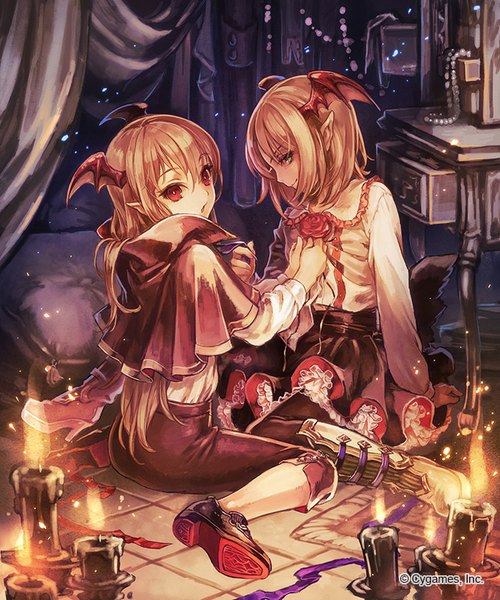 Anime picture 667x800 with shingeki no bahamut ma yo ko long hair tall image looking at viewer short hair blonde hair smile red eyes sitting multiple girls green eyes ahoge indoors fingernails pointy ears wariza head wings adjusting clothes girl