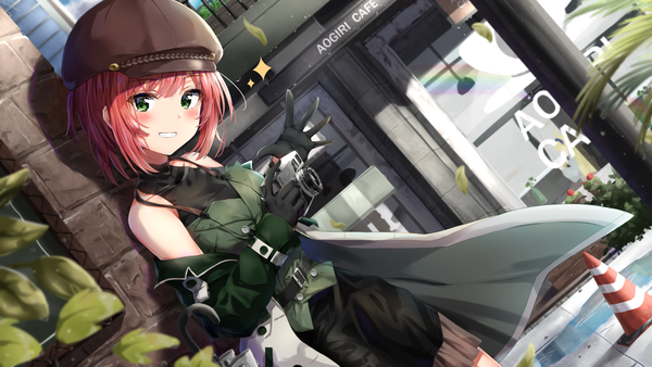 Anime picture 2186x1235 with virtual youtuber aogiri koukou game club ishikari akari kuria (clear trip second) single looking at viewer blush fringe highres short hair smile wide image standing bare shoulders holding green eyes payot red hair off shoulder open clothes