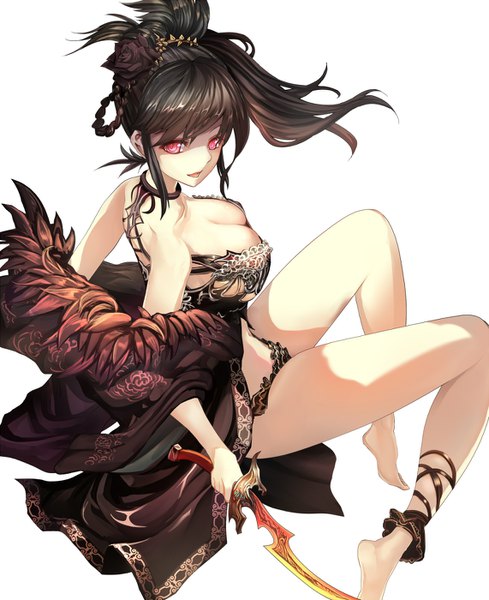 Anime picture 1142x1400 with suoni (deeperocean) single long hair tall image looking at viewer fringe breasts light erotic black hair simple background red eyes large breasts white background bare shoulders holding barefoot legs floral print girl hair ornament