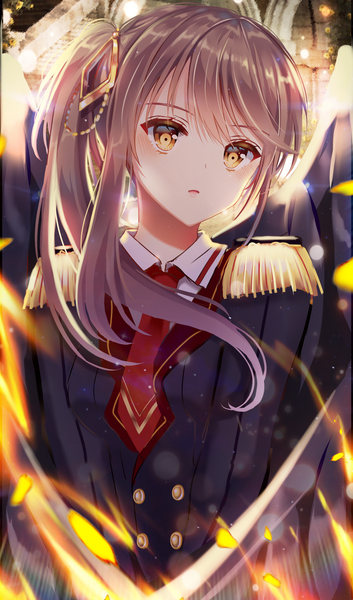 Anime picture 1767x3000 with original ecu8080 single long hair tall image looking at viewer blush fringe highres hair between eyes brown hair brown eyes payot upper body parted lips head tilt side ponytail black wings asymmetrical hair girl