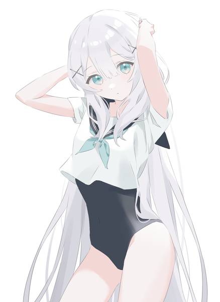 Anime picture 1823x2500 with original azuki (ckxs7444) single tall image looking at viewer fringe highres light erotic simple background hair between eyes white background silver hair very long hair aqua eyes swimsuit under clothes hands on head girl hair ornament swimsuit bobby pin